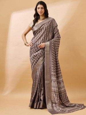 Winza Designer Geometric Print Daily Wear Cotton Silk Saree(Brown)
