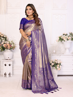 Just Aura Creation Printed Banarasi Tissue Saree(Purple, Gold)
