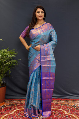 HouseOfCommon Self Design Banarasi Cotton Silk, Jacquard Saree(Light Blue)