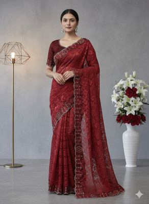 Sudev fashion Self Design Saree with Attached Blouse Net Saree(Maroon)