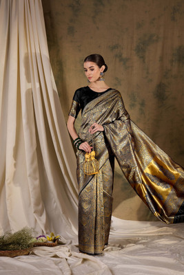 ShopGlobal Woven Banarasi Silk Blend Saree(Black, Gold)