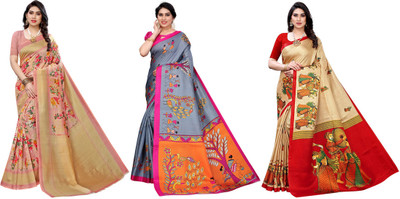 YASHIKA Printed, Woven Mysore Art Silk Saree(Pack of 3, Pink, Grey, Beige)