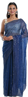 Teejh Embroidered Bollywood Organza Saree(Blue)