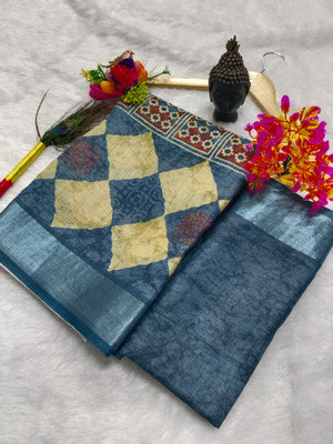 HouseOfCommon Printed Kanjivaram Linen, Cotton Linen Saree(Light Blue)