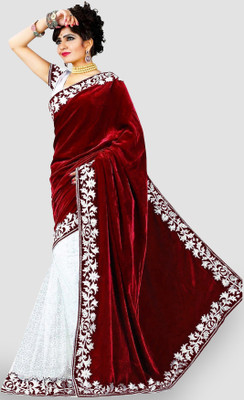 RichEraa Embroidered Banarasi Net, Velvet Saree(White, Maroon)