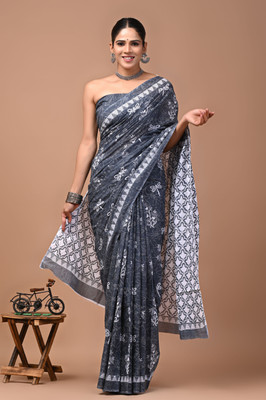 Akshara Fashion Floral Print, Printed Daily Wear Pure Cotton Saree(Grey)