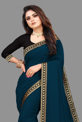 sadika Solid/Plain, Embellished Bollywood Georgette, Chiffon Saree(Dark Blue, Black)