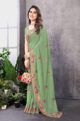 KB DESIGNER Embroidered, Floral Print, Embellished Bollywood Georgette Saree(Light Green)