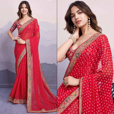 HK TEX Self Design Bandhani Georgette Saree(Red)