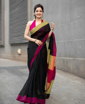 Swapna boutique Solid/Plain, Color Block Handloom Pure Cotton Saree(Black)