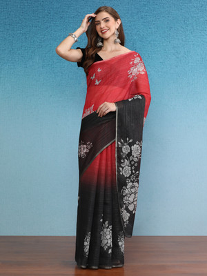 SILK ZONE Digital Print Banarasi Cotton Blend Saree(Black)
