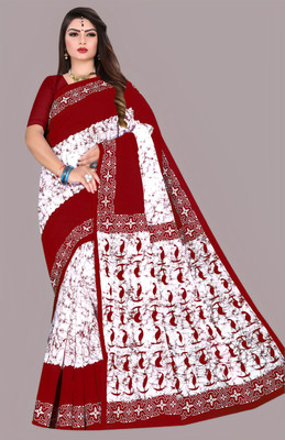 Veerji Sarees Printed Handloom Pure Cotton Saree(Red)