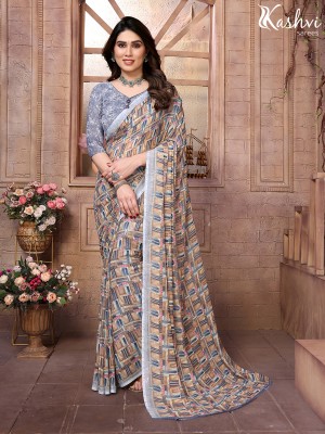 kashvi sarees Geometric Print Daily Wear Georgette Saree(Grey, Beige)