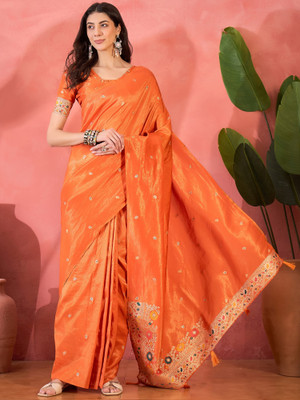 Sangria Self Design Saree with Attached Blouse Silk Blend Saree(Orange)