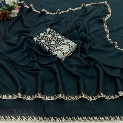 K 5 FASHION Embroidered, Solid/Plain Bollywood Chiffon Saree(Blue)