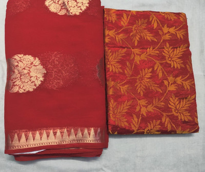 Durga Emporio Woven Handloom Georgette Saree(Red)