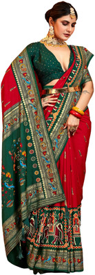 Akhilam Embroidered Patola Silk Blend Saree(Red)