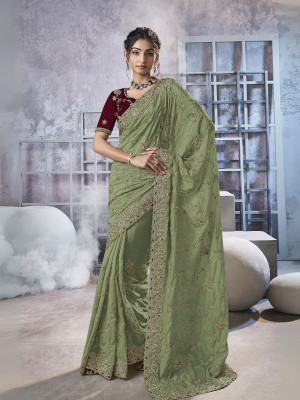odette Embellished Saree with Attached Blouse Georgette Saree(Pack of 2, Green)