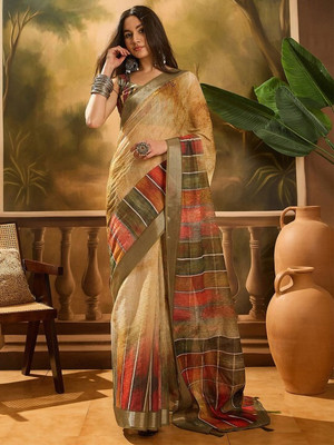 LAXMIPATI FASHION HUB Digital Print Saree with Attached Blouse Cotton Linen Saree(Multicolor)