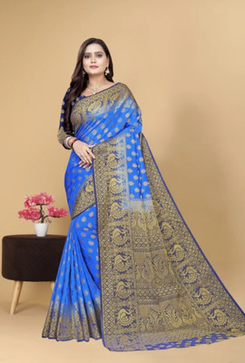 HouseOfCommon Embroidered Banarasi Jacquard Saree(Light Blue, Gold)