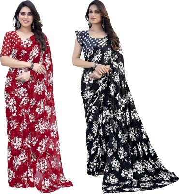 Anand Sarees Floral Print Daily Wear Georgette Saree(Pack of 2, Red, Black)