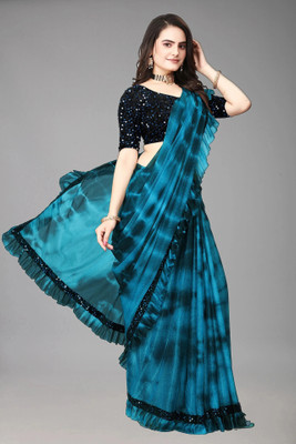 3Buddy Fashion Applique, Paisley, Striped Leheria Lycra Blend, Organza Saree(Dark Blue)