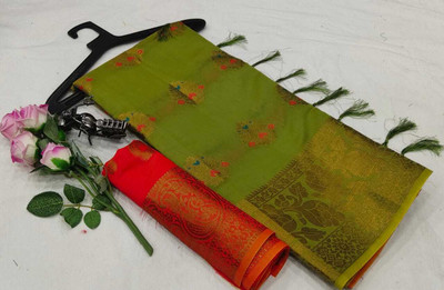 ASHTA Self Design, Solid/Plain Daily Wear Pure Cotton, Cotton Silk Saree(Green)
