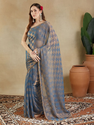 Online Bazaaar Embellished Bollywood Chiffon Saree(Dark Blue)