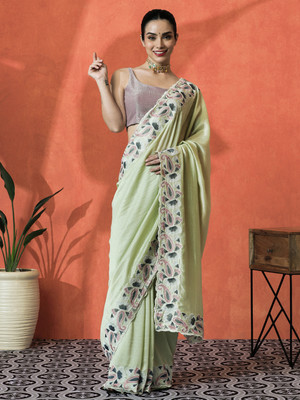 Sangria Embroidered Daily Wear Satin Saree(Light Green)