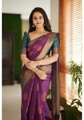 KHANJAN FASHION Geometric Print, Graphic Print, Woven Bollywood Pure Silk, Jacquard Saree(Purple)