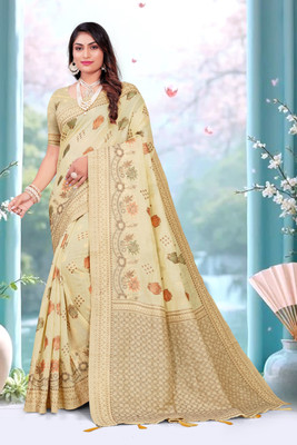 NANDKUMAR TRENDS Woven, Self Design Banarasi Cotton Linen Saree(Yellow)