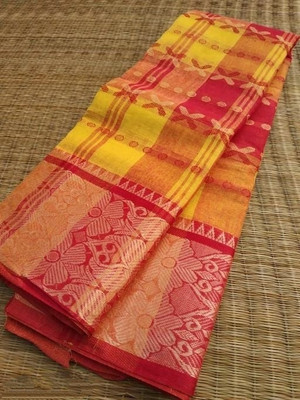 p fashion Printed Tant Pure Cotton Saree(Red, Yellow)