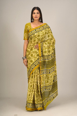 Kiaaron Hand Painted, Printed, Self Design, Blocked Printed Ikkat Pure Cotton Saree(Yellow)
