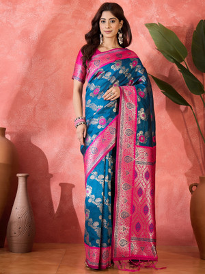 Sangria Self Design Saree with Attached Blouse Silk Blend Saree(Light Blue)