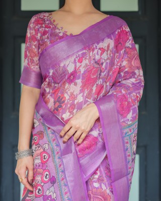 ALMAARI FASHION Printed Handloom Cotton Blend Saree(Purple)