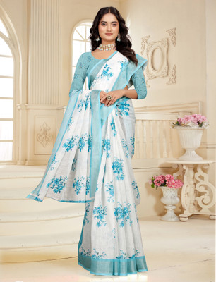 ASHTA Printed Kanjivaram Pure Cotton, Cotton Linen Saree(White, Light Blue)