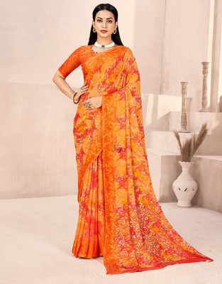 Divastri Floral Print Daily Wear Chiffon Saree(Orange)