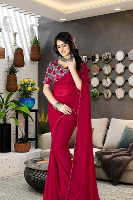 majisasaree Solid/Plain Bollywood Georgette Saree(Red)
