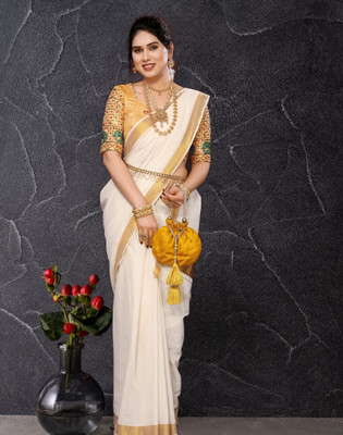 Saran Printed Kasavu Pure Cotton Saree(Multicolor)