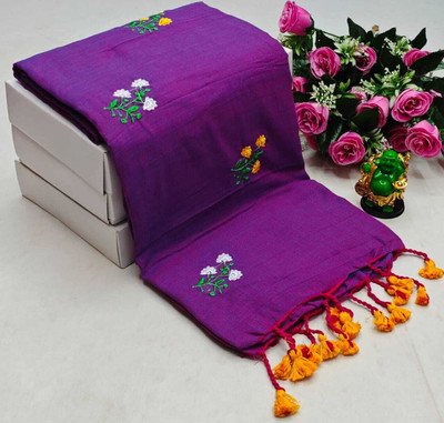 DRAPERIA Embroidered Handloom Pure Cotton Saree(Magenta)