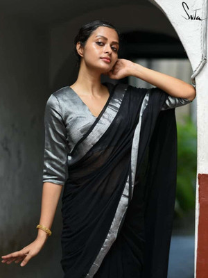 MA TARA TEXTILES ROHIT Solid/Plain Handloom Cotton Silk, Cotton Blend Saree(Black)