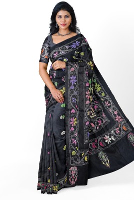 Samvita Embroidered Kantha Art Silk Saree(Black)