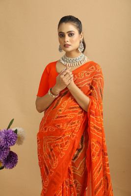 DURGACREATION Solid/Plain Bollywood Georgette Saree(Orange)