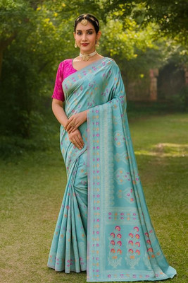 VKARAN Woven Kanjivaram Art Silk Saree(Light Blue)
