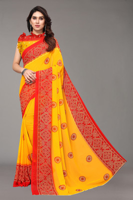 Madhur milan Floral Print Daily Wear Georgette Saree(Red, Yellow)