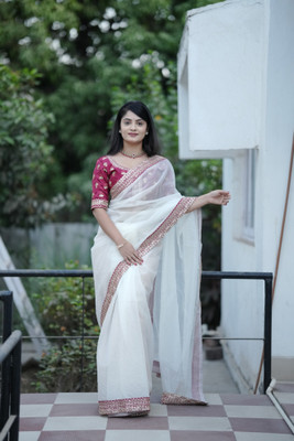 LeeliPeeri Designer Printed Bollywood Silk Blend Saree(White)