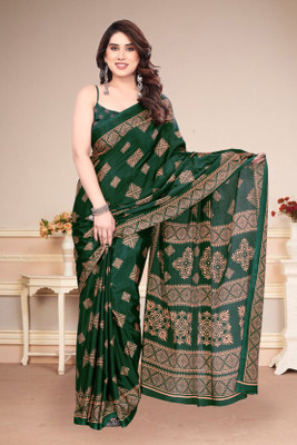 Yatay Geometric Print Bollywood Chiffon, Georgette Saree(Dark Green)