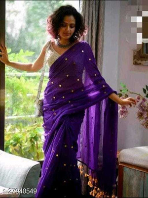 BRYNBRIT Self Design Daily Wear Cotton Blend Saree(Purple)