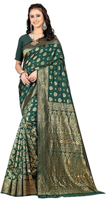 DHAYNAAND REEWA FASHION Floral Print Banarasi Jacquard Saree(Dark Green)