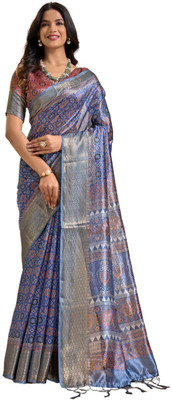 Mirthika Text Floral Print Assam Silk Silk Blend Saree(Blue)